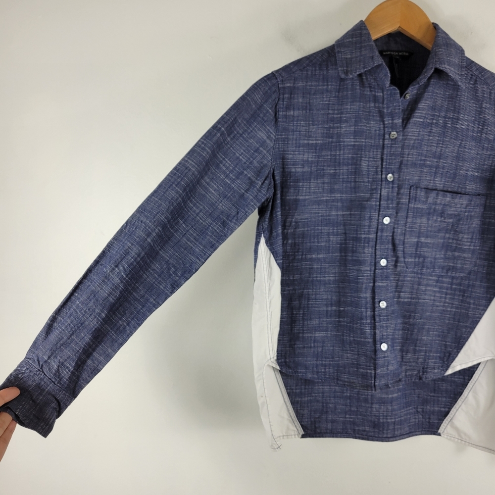 Marissa Webb Chambray White Colorblock Long Sleeve High Low Button Up Top - Picture 2 of 8